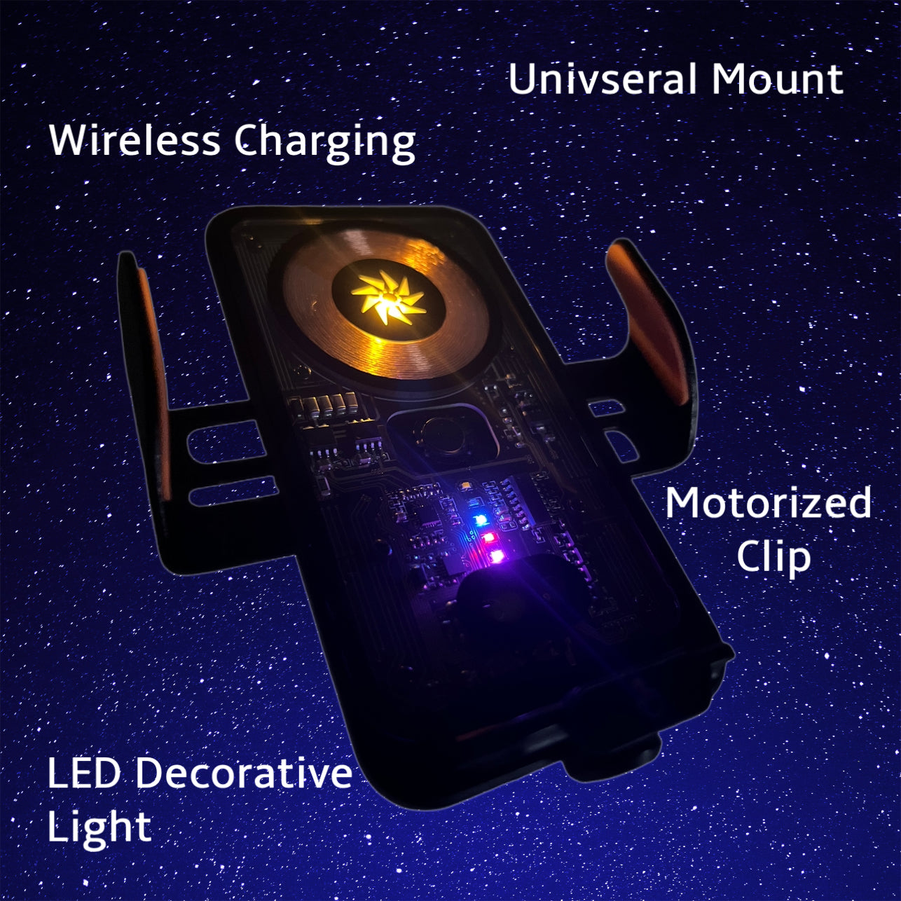 Car Phone Holder with Decorative LED, Wireless Charging and Motorised Clip