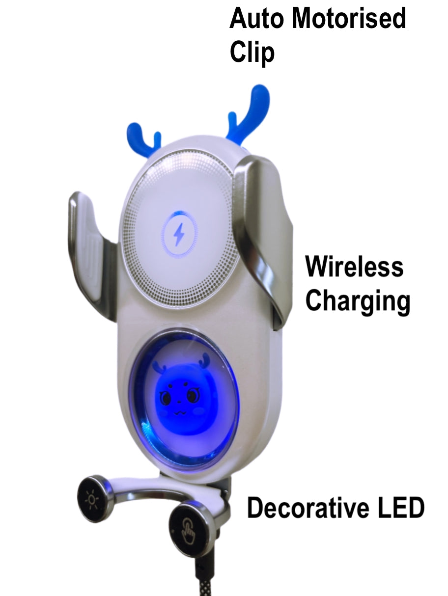 Cute Look Car Phone Holder with Auto-Motorized Clip, Decorative LED and Wireless Charging Function