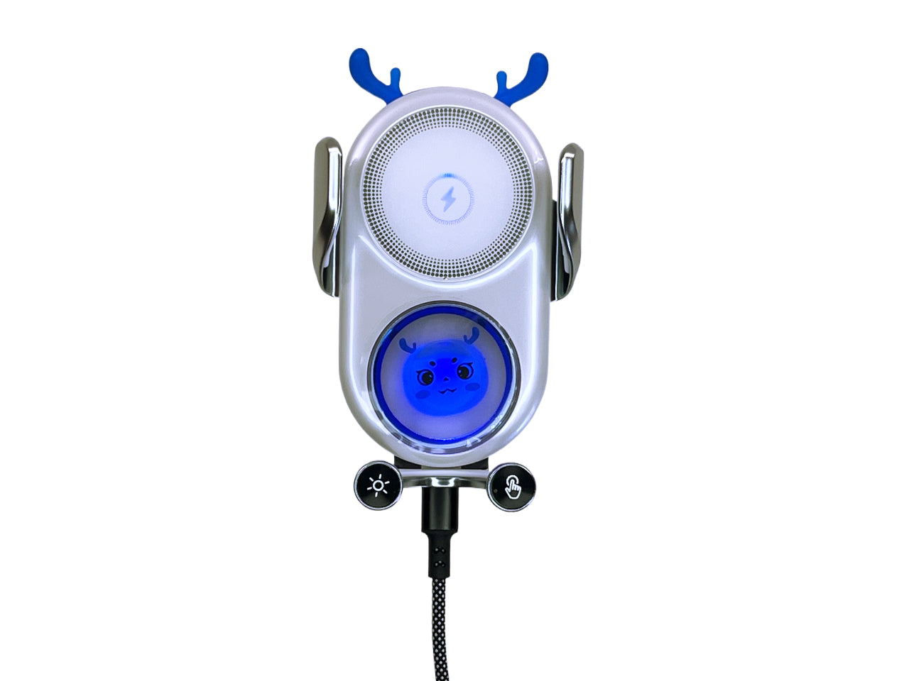 Cute Look Car Phone Holder with Auto-Motorized Clip, Decorative LED and Wireless Charging Function