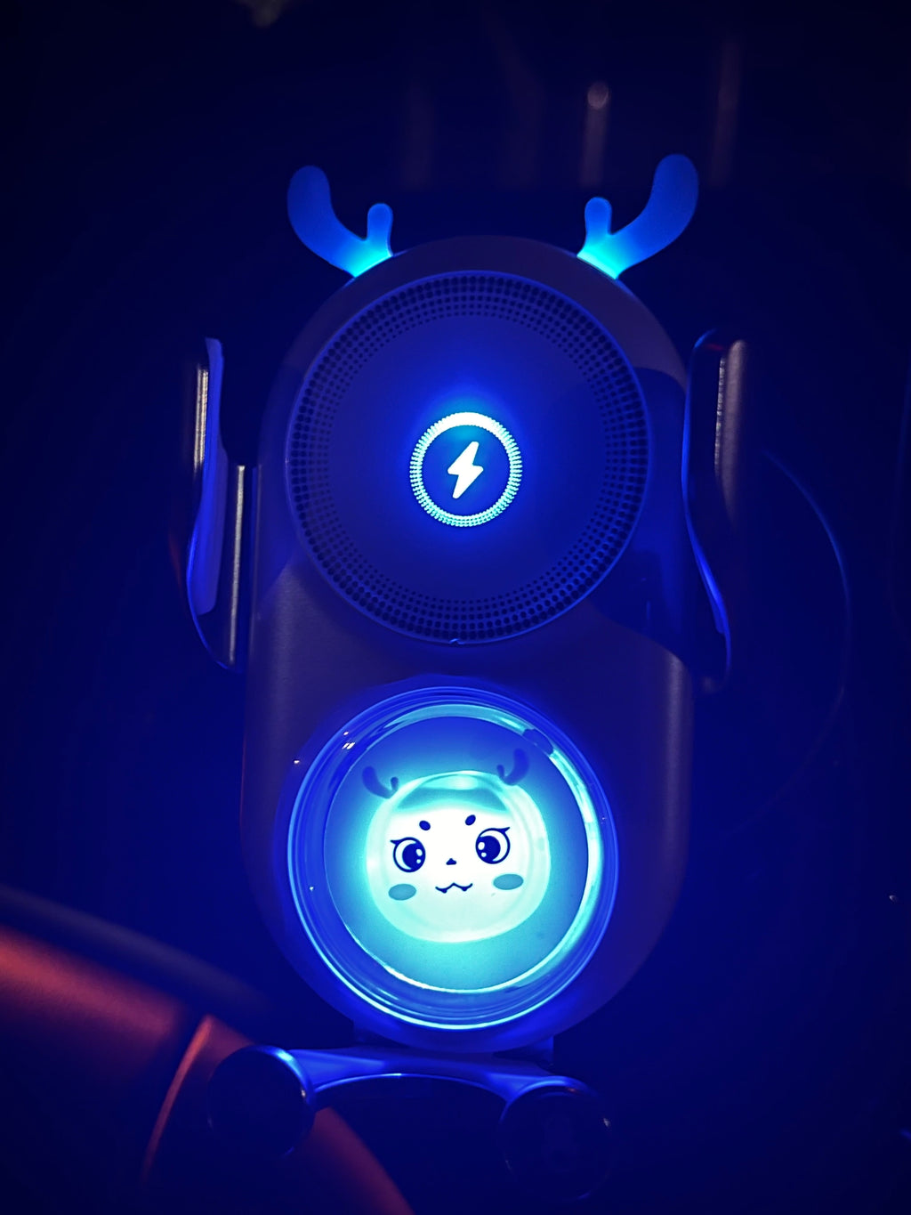 Cute Look Car Phone Holder with Auto-Motorized Clip, Decorative LED and Wireless Charging Function