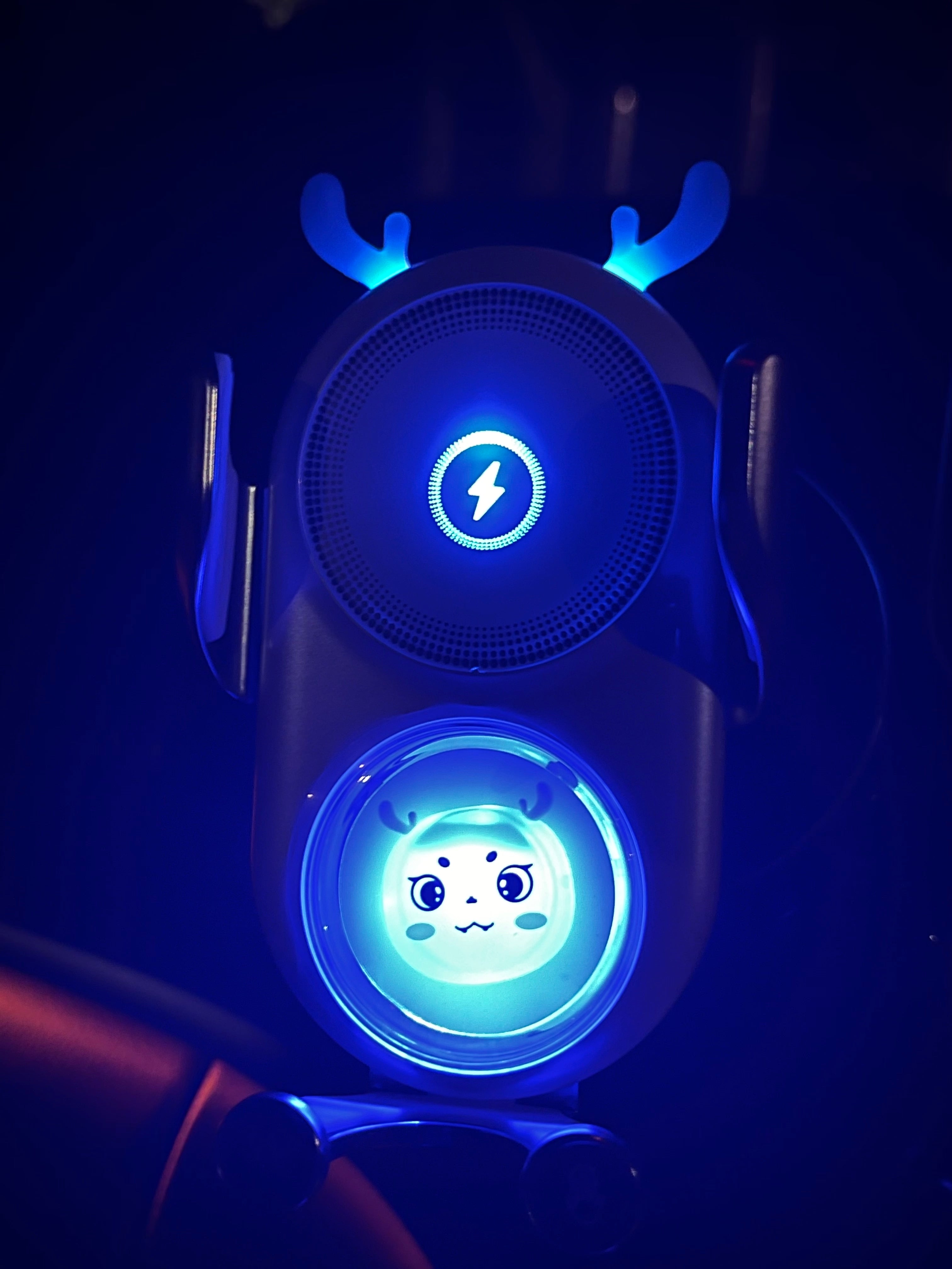 Cute Look Car Phone Holder with Auto-Motorized Clip, Decorative LED and Wireless Charging Function