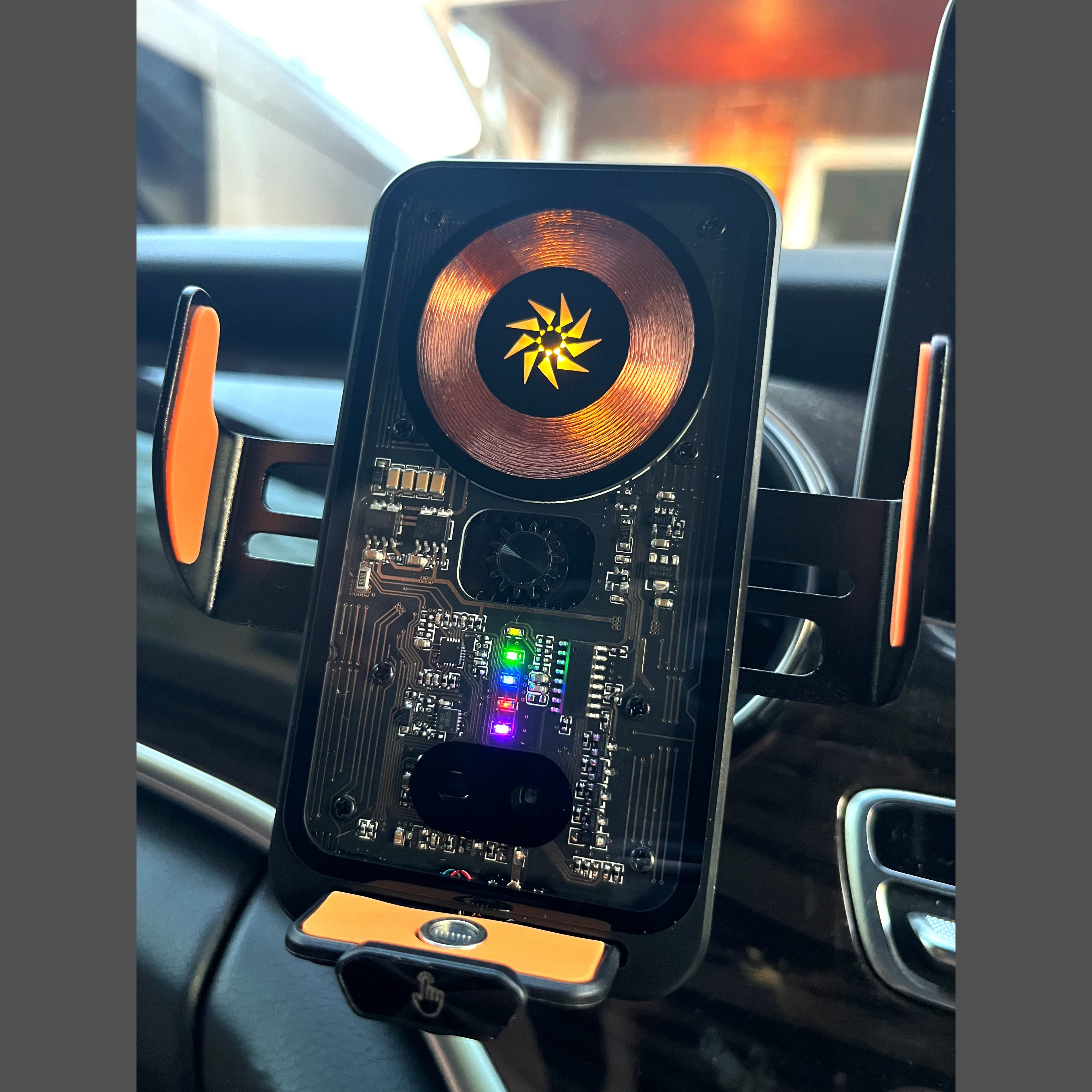Car Phone Holder with Decorative LED, Wireless Charging and Motorised Clip